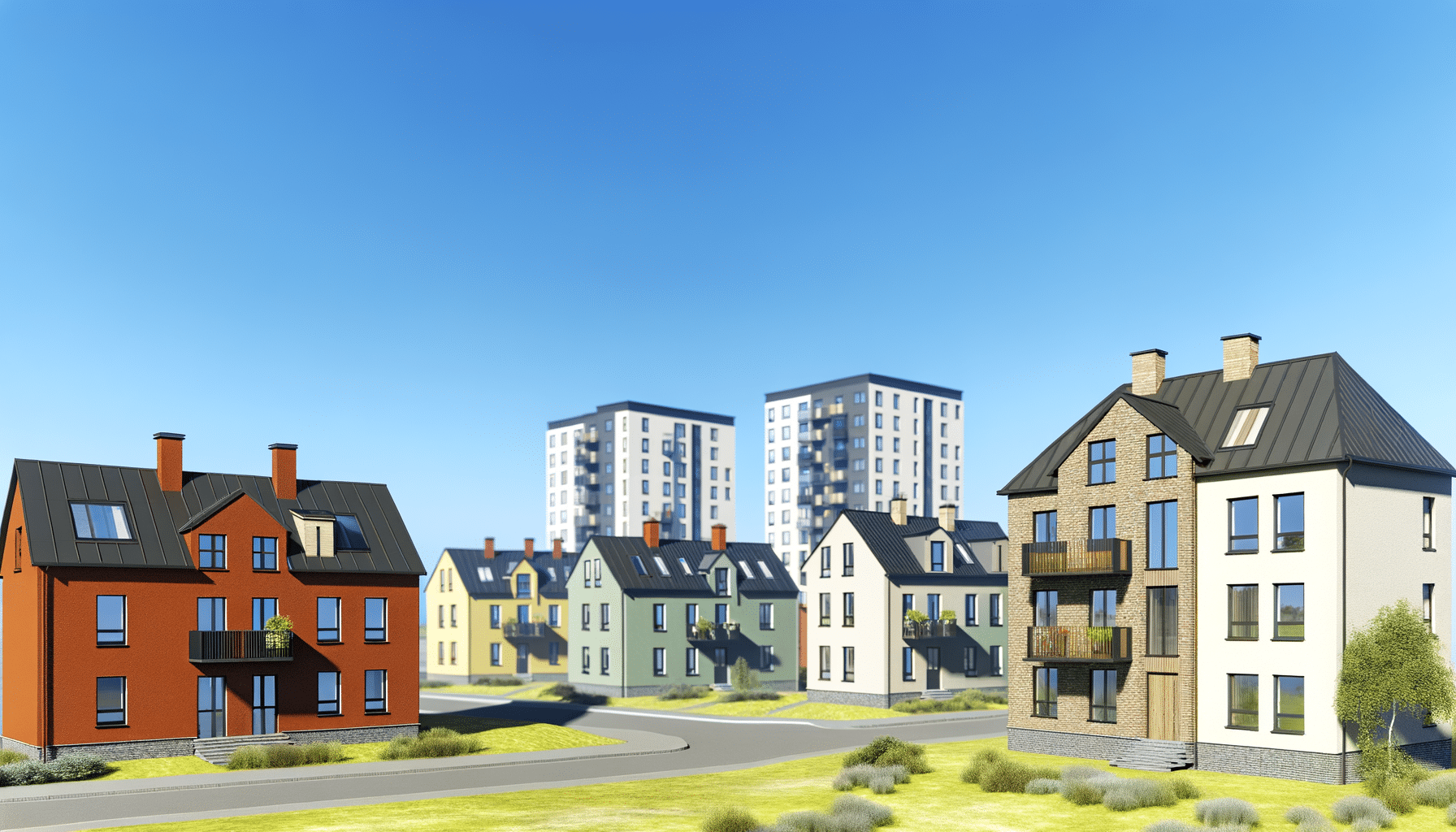 Cluster of colorful, modern houses with two tall apartment buildings in the background under a clear blue sky.