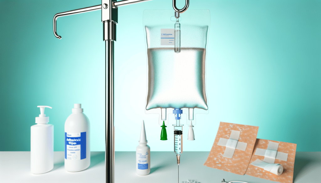 Medical supplies on a table, including an IV drip, bottles, syringes, and gauze pads.