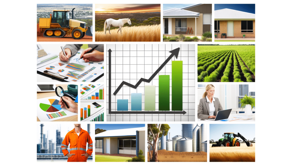 Collage of agriculture and business images, including machinery, charts, fields, homes, and a businesswoman with a laptop.