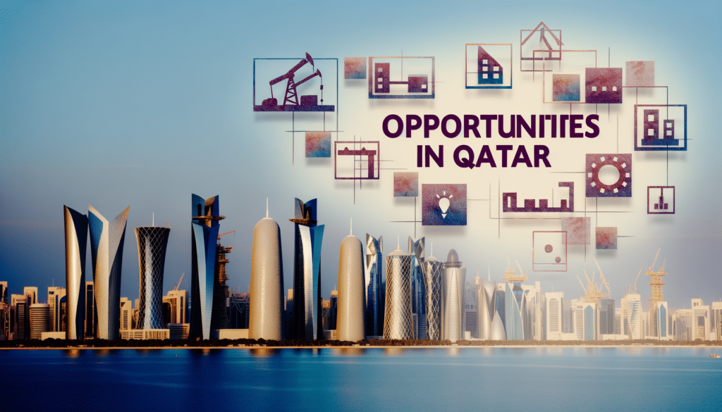 Skyline of modern buildings in Doha, Qatar, with "Opportunities in Qatar" text and industry icons.