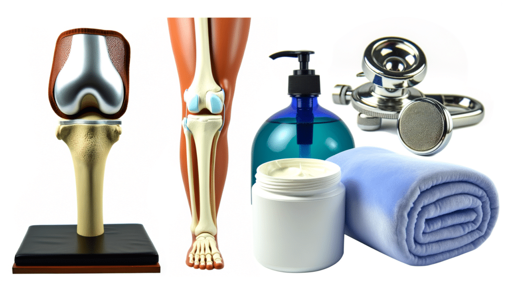 Anatomical knee model, knee joint diagram, lotion bottle, jar of cream, blue blanket, and stethoscope.