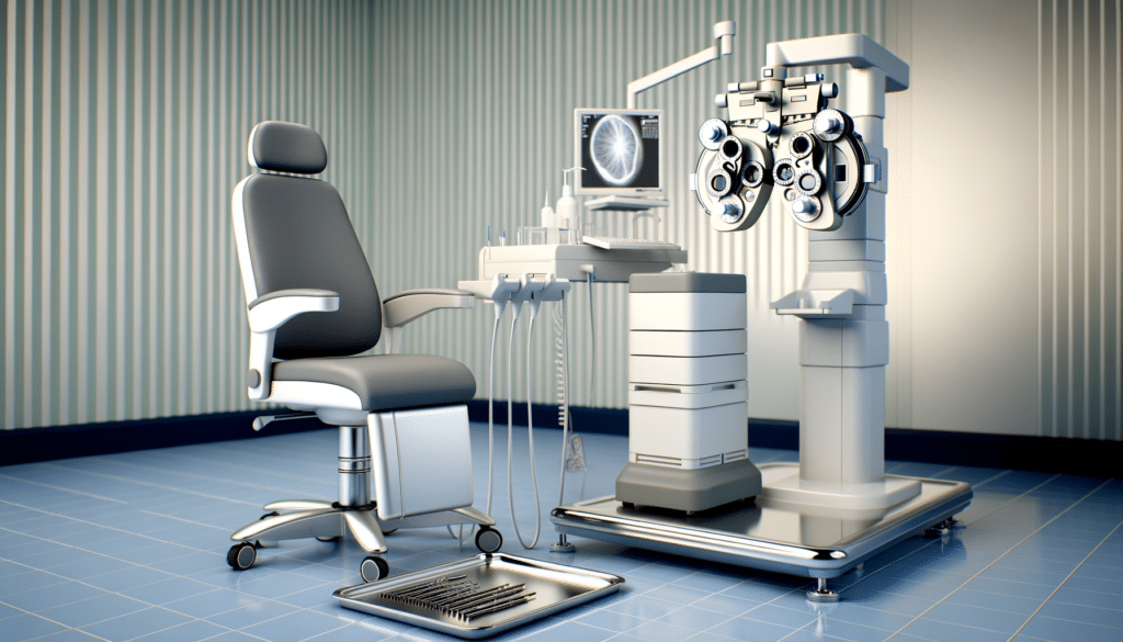 An eye examination room with a chair, phoropter, and diagnostic equipment.