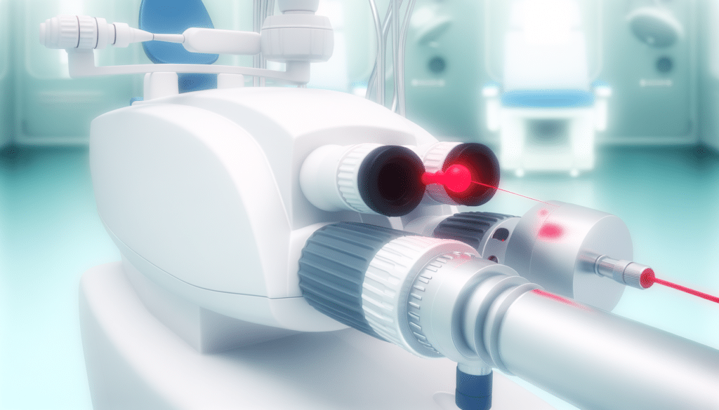 A close-up of a medical laser machine, with a red laser beam pointing towards the viewer.