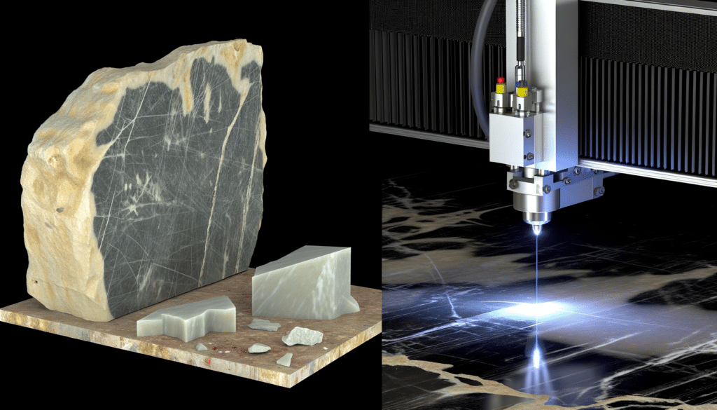 A stone slab and its fragments on the left; a laser cutting machine in action on the right.