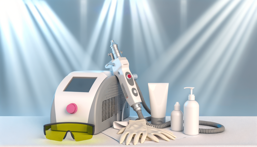 A laser hair removal machine with goggles, gloves, and skincare products on a table under spotlight beams.