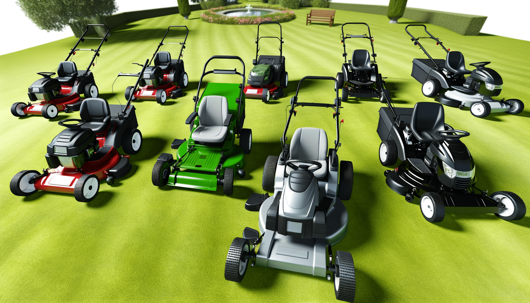 A variety of lawnmowers are displayed on a neatly cut grassy area.