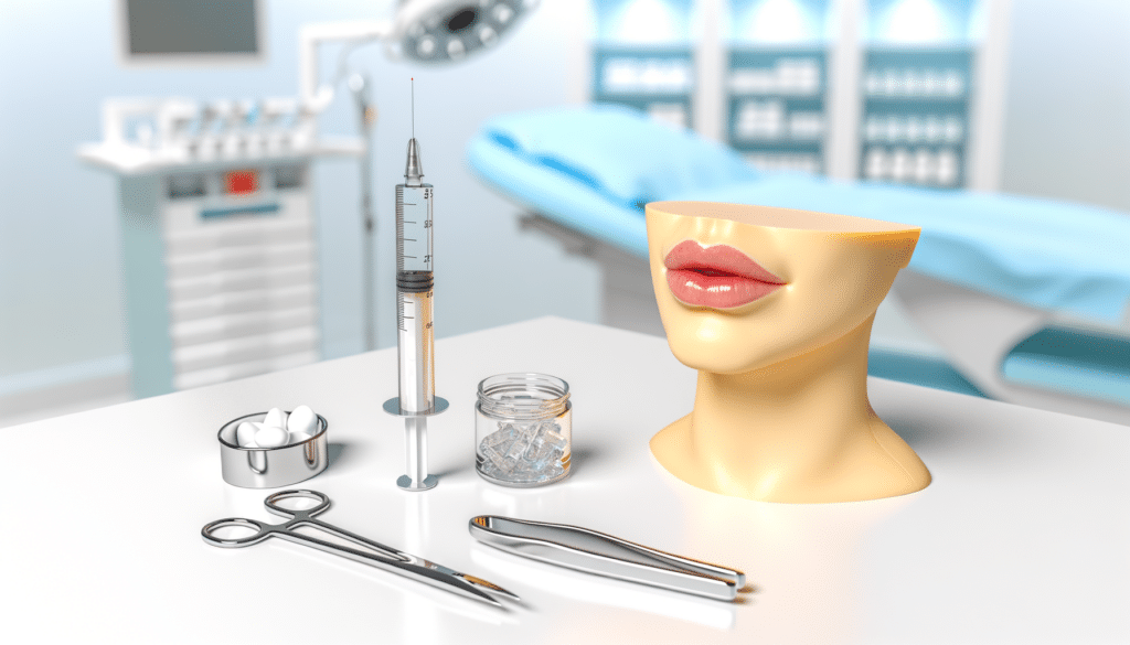 Medical office with syringe, mannequin head, scissors, tweezers, cotton, and glass jar on a table.