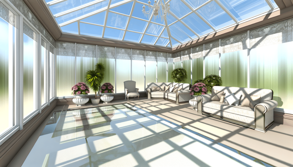 A bright sunroom with glass walls and ceiling, furnished with sofas, armchairs, and potted plants.