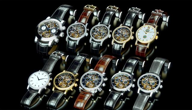 A collection of luxury watches with intricate designs on black and brown leather straps, displayed against a dark background.