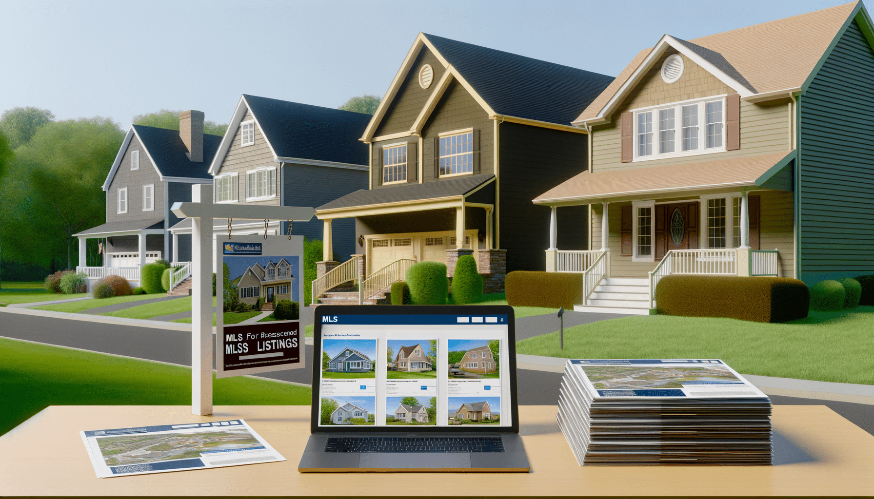 A row of suburban houses, real estate sign in front, laptop displaying home listings on a table with brochures.