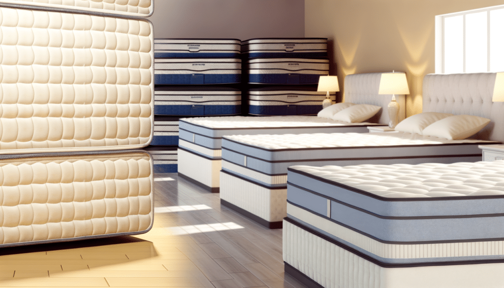 A room with stacked and arranged mattresses, elegant lamps, and soft lighting.