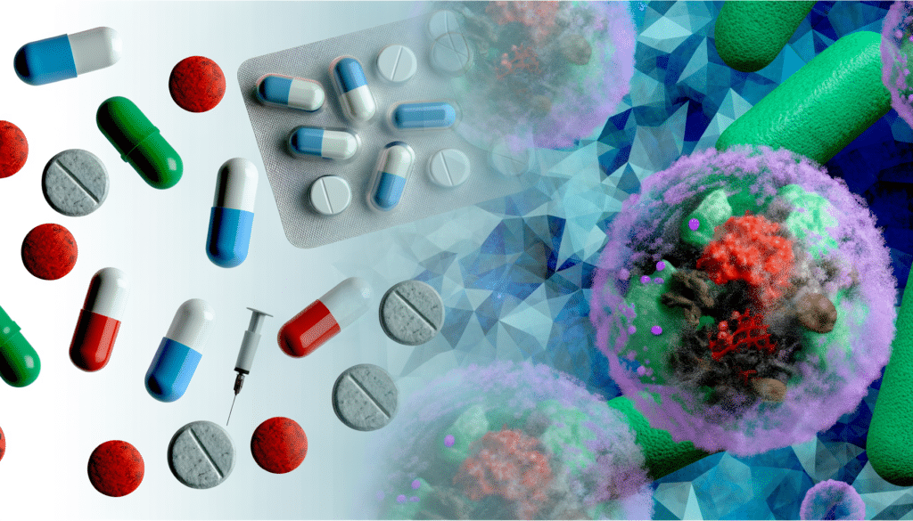 Various pills, capsules, and a syringe beside digital representations of cells and virus structures.