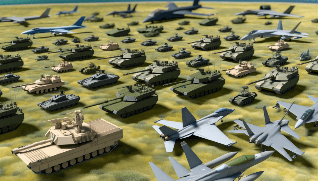 Numerous military tanks and fighter jets arranged on a grassy field.