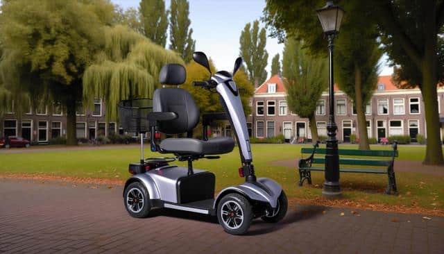 A sleek mobility scooter with a black seat is parked on a brick path in a park, with trees and a row of houses in the background.