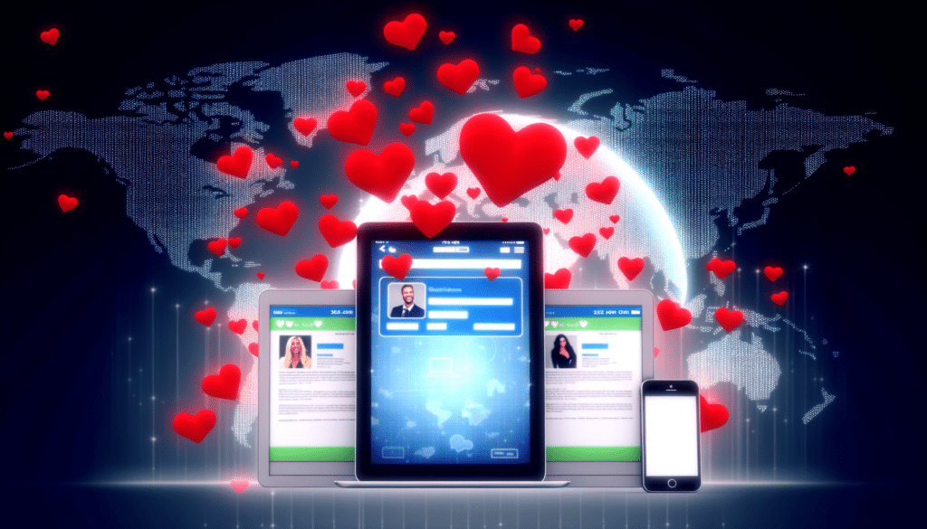 Digital dating profiles on devices with red hearts and a world map in the background.