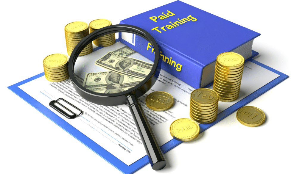 A book titled "Paid Training," stacks of coins, a magnifying glass over money, and a clipboard.