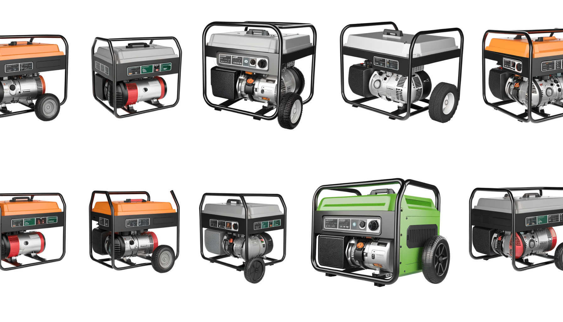 Multiple portable generators with various colors and designs, featuring wheels and frames.