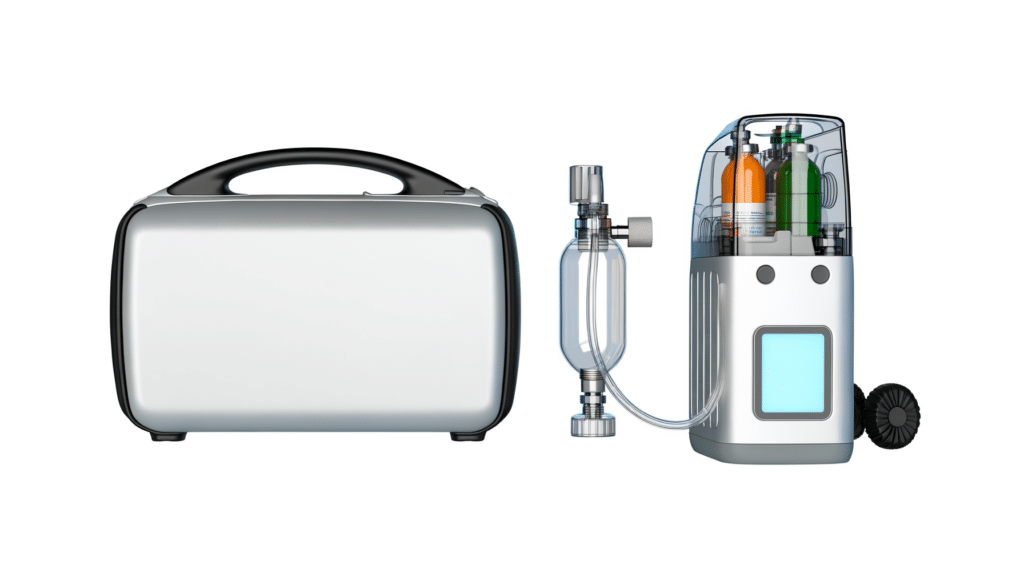 Portable oxygen concentrator with a carrying case.