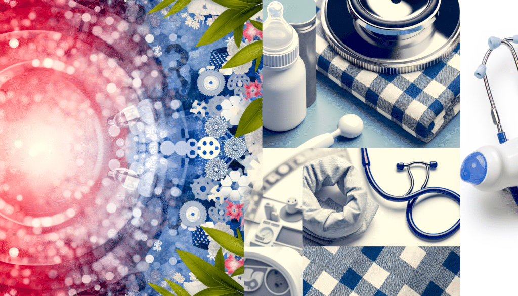 Abstract collage with medical-themed items, stethoscope, vivid colors, and floral motifs.