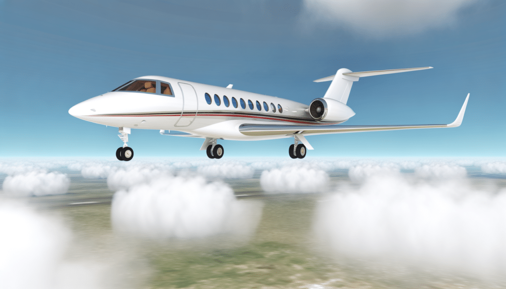 Private jet flying above clouds with landing gear extended.