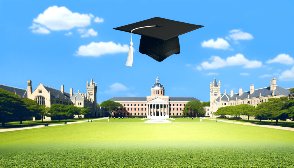 A large graduation cap floats above a university campus with a lawn, historic buildings, and a clear blue sky.