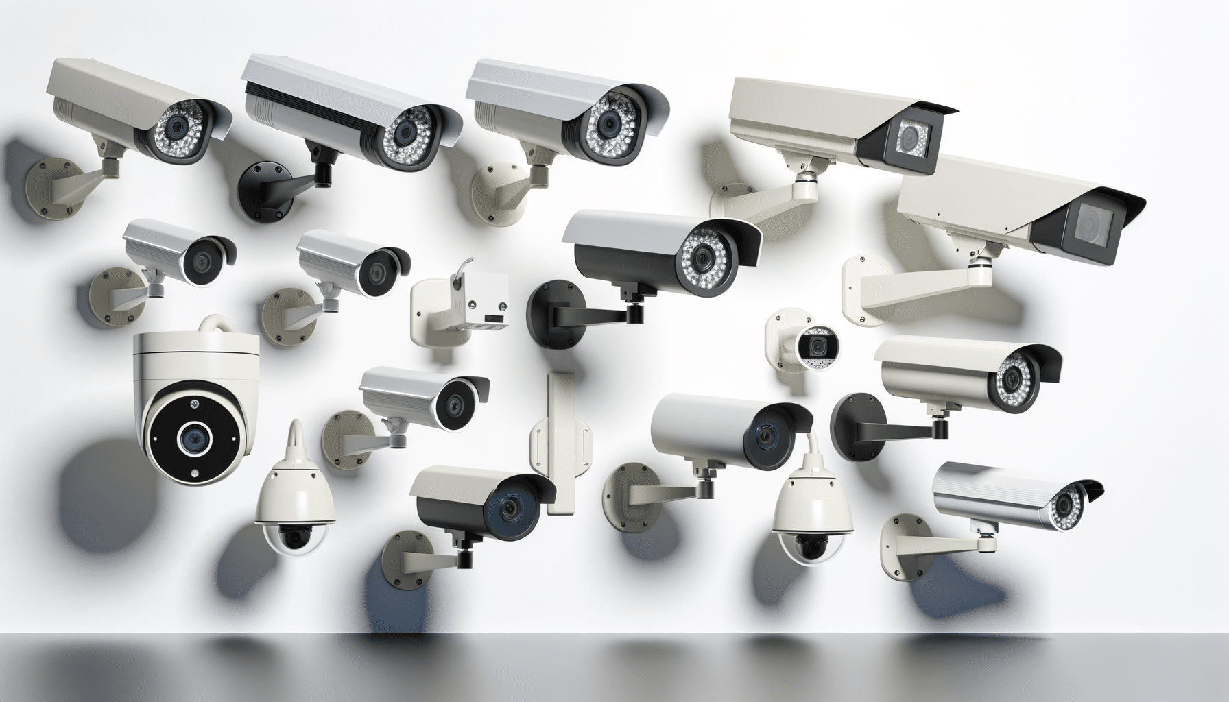 A variety of security cameras mounted on a white wall.