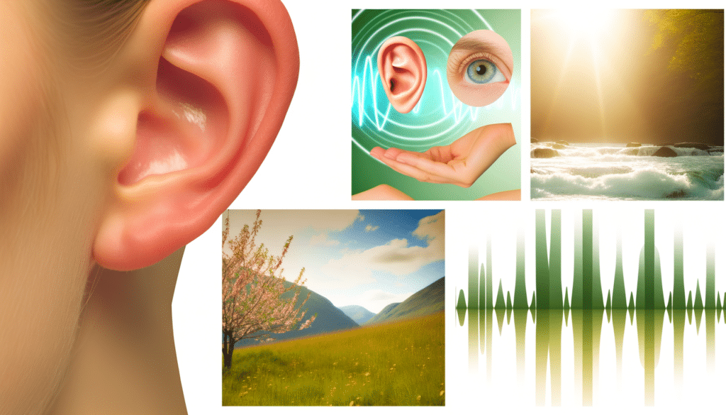 Collage showing a human ear, waves, a tree on a meadow, and a soundwave pattern.