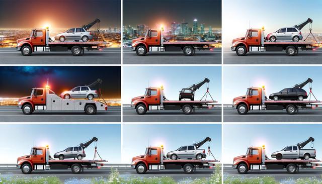 A series of images show a red tow truck carrying different cars against various urban and natural backgrounds at different times of day.