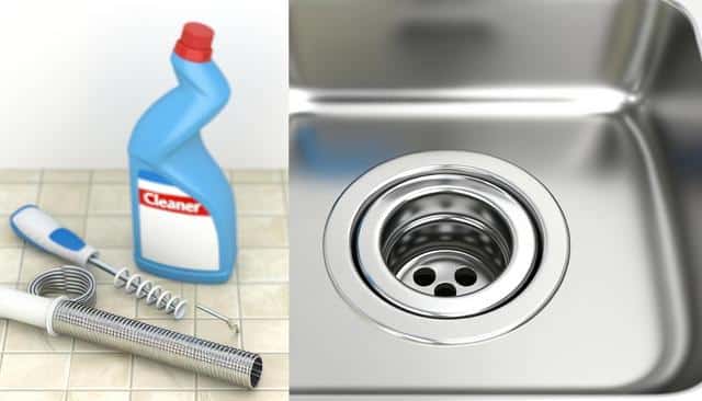 Drain cleaning tools and cleaner bottle beside a stainless steel sink.