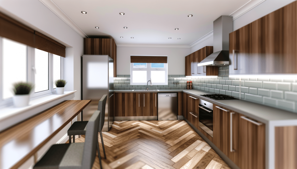 Modern kitchen with brown cabinets, stainless steel appliances, and a wooden breakfast bar with stools.