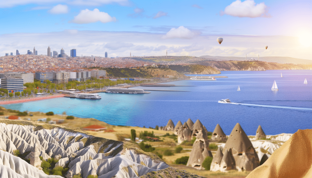 A city skyline meets a serene bay with boats and hot air balloons, blending into a landscape with unique rock formations under a sunny sky.