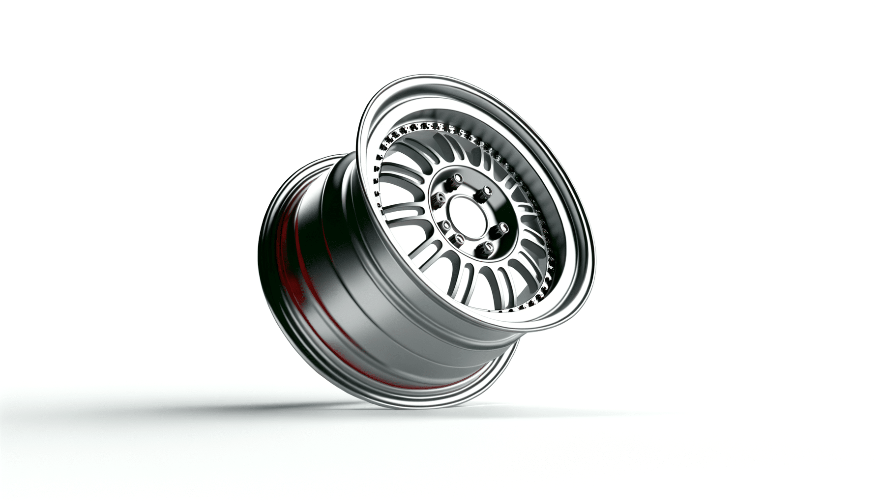 Shiny chrome car wheel rim on a white background.