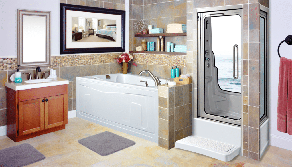 Modern bathroom with a walk-in tub, a separate shower, wooden vanity, and decorative shelving.