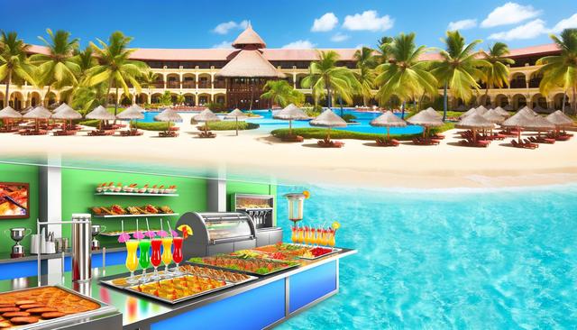 A tropical resort with a thatched-roof building, palm trees, beach chairs, and a colorful buffet of food and drinks by the ocean.