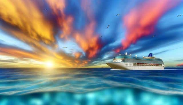 A cruise ship sails on the ocean at sunset, with vibrant orange and pink clouds in the sky.