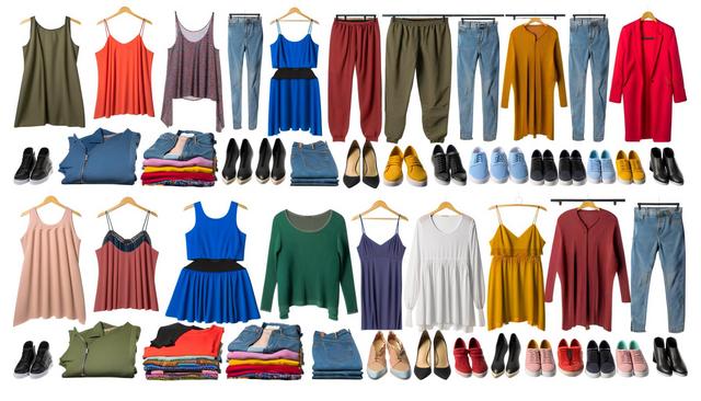 A variety of colorful clothing and shoes, including dresses, tops, pants, stacked clothes, and different shoe styles displayed against a white background.