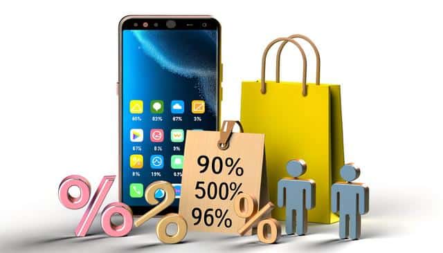 Smartphone with colorful app icons, percentage symbols, shopping bag, price tag with 90%, 500%, 96%, and two human figures.