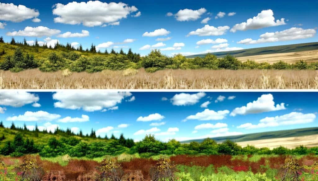 Top image: grassy field with trees and cloudy sky. Bottom image: colorful vegetation and trees under a cloudy sky.