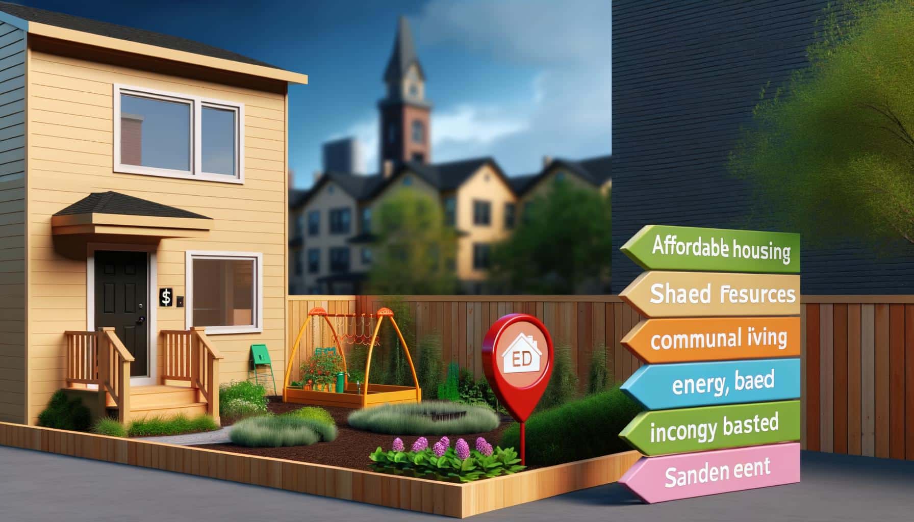 A small backyard with a playground, garden, and colorful directional sign beside a two-story yellow house.