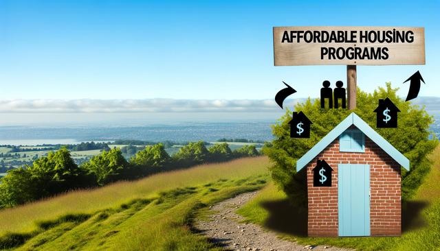 Brick house with "Affordable Housing Programs" sign, dollar symbols, and arrows pointing to people icons. Scenic landscape in the background.