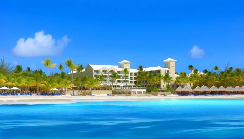 Tropical beach scene with palm trees, a sandy shore, turquoise water, and a hotel in the background under a clear blue sky.