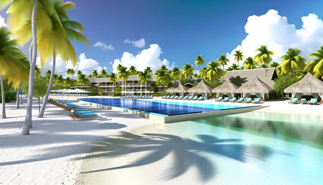 Beach resort with palm trees, cabanas, lounge chairs, a large pool, and clear blue sky.