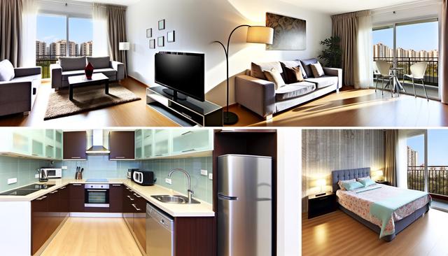 Collage of a modern apartment: living room with sofa and TV, dining area with chairs by a window, sleek kitchen with stainless appliances, bedroom with a bed and nightstands.