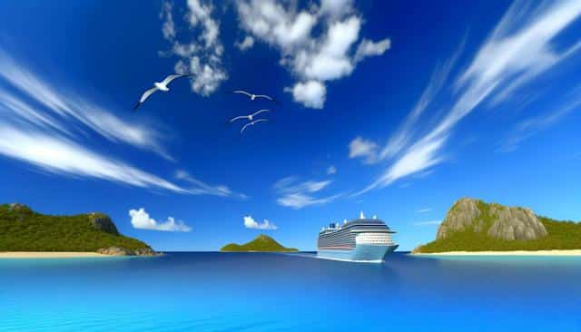 A cruise ship sails on clear blue water with seagulls flying above and lush islands in the distance.