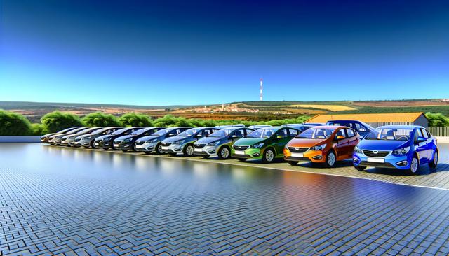 A row of parked cars in various colors on a reflective, paved lot with a scenic landscape in the background.