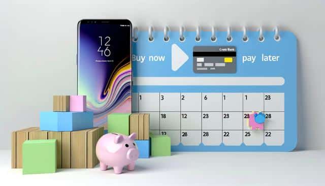 Smartphone, stacked boxes, piggy bank, and a calendar with "buy now, pay later" text.