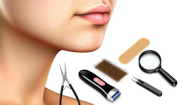 A close-up of a woman's chin with hair removal tools: scissors, trimmer, tweezers, and a magnifying glass.