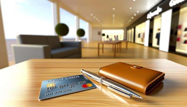 A credit card, pen, and wallet on a wooden table, with a blurred shopping mall in the background.