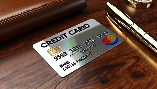 A silver credit card on a wooden desk, next to a brown leather wallet and a gold pen.