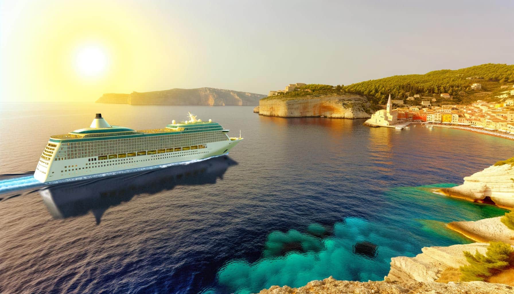 A cruise ship sails near a scenic coastal town during sunset, with clear blue waters and distant cliffs.